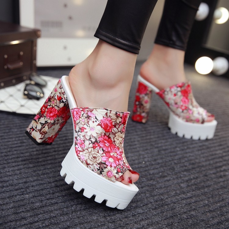 Women's Satin Floral Slippers with Chunky Heel and Platform - Image 3