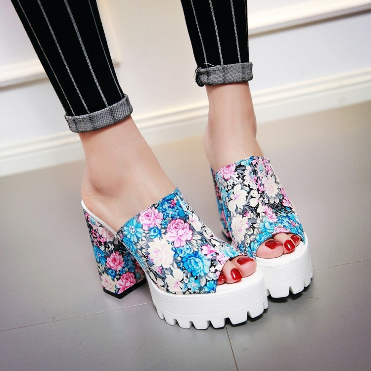 Women's Satin Floral Slippers with Chunky Heel and Platform