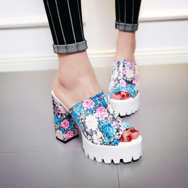 Women's Satin Floral Slippers with Chunky Heel and Platform - Image 2