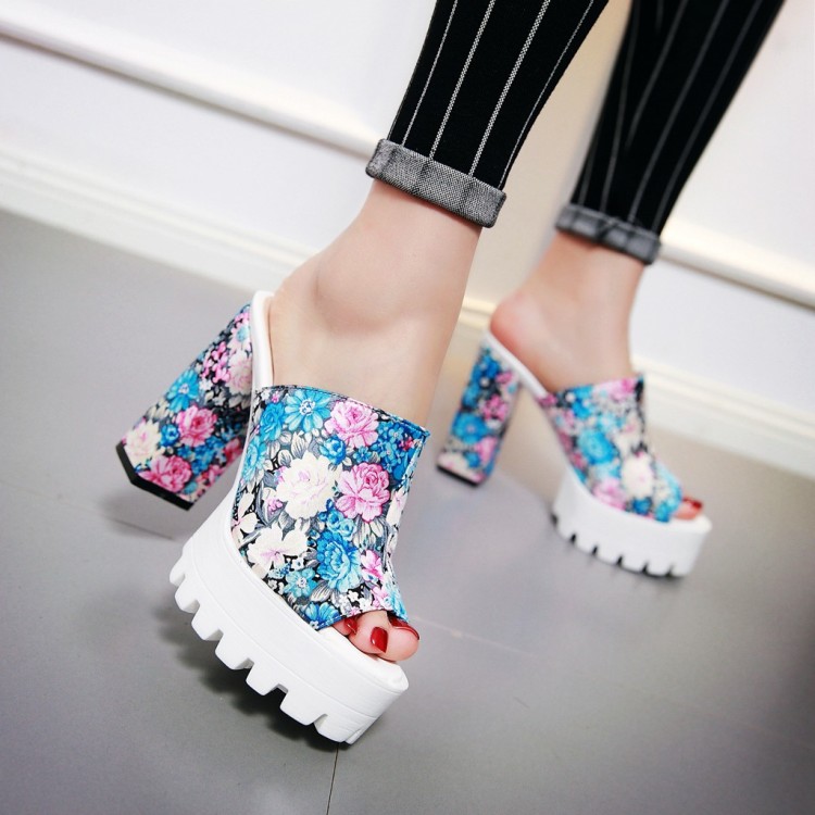 Women's Satin Floral Slippers with Chunky Heel and Platform - Image 4
