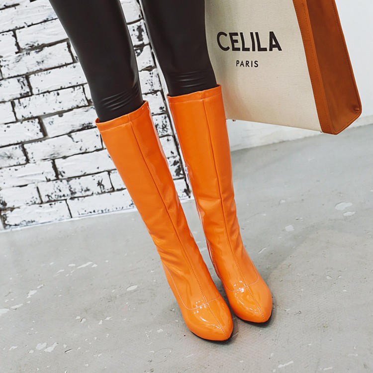 Women's Japanese Style Mid-Calf Zip Boots - PU Patent Leather Chunky Mid Heel - Image 4
