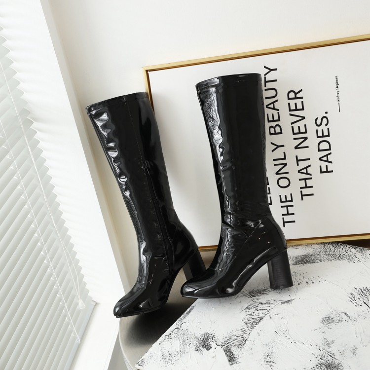 Women's Japanese Style Mid-Calf Zip Boots - PU Patent Leather Chunky Mid Heel - Image 3