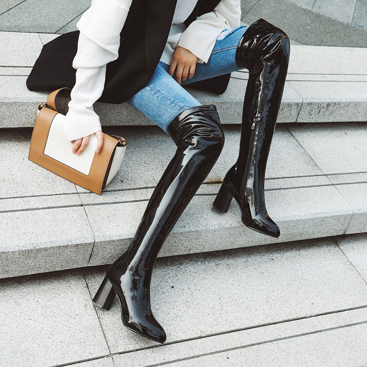 Women's Japanese Style Faux Leather Mid Heel Chunky Heel Long Boots with Side Zipper - Image 3