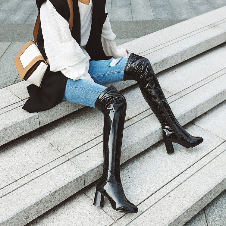 Women's Japanese Style Faux Leather Mid Heel Chunky Heel Long Boots with Side Zipper - Image 4