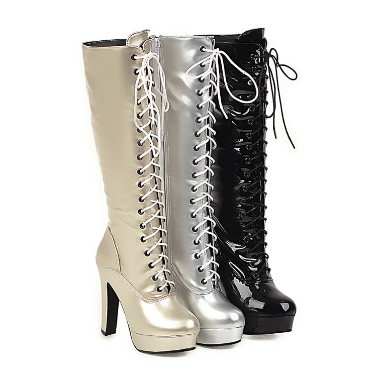 Women's High Heel Chunky Platform Knight Boots with Metal Rivet Decor