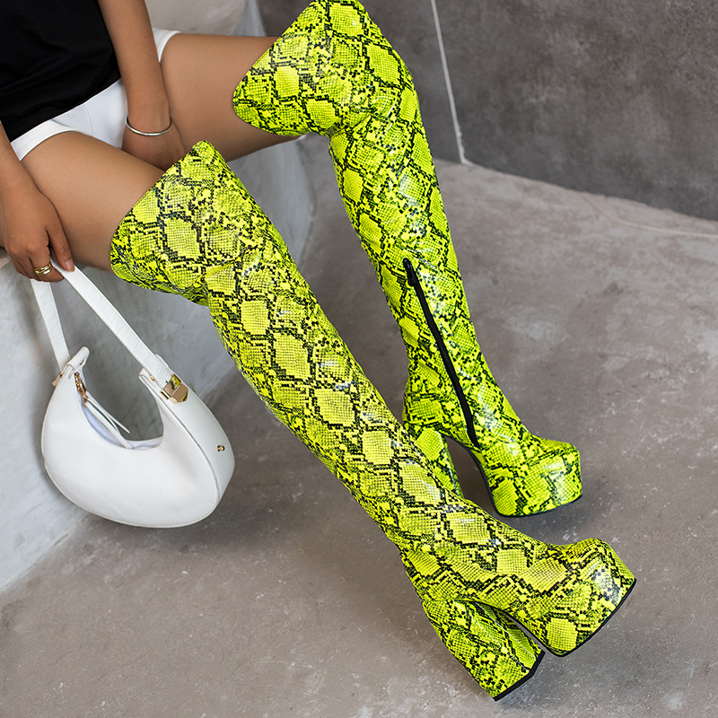 Women's Fashion Boots with Snake Print PU Upper and Chunky High Heel