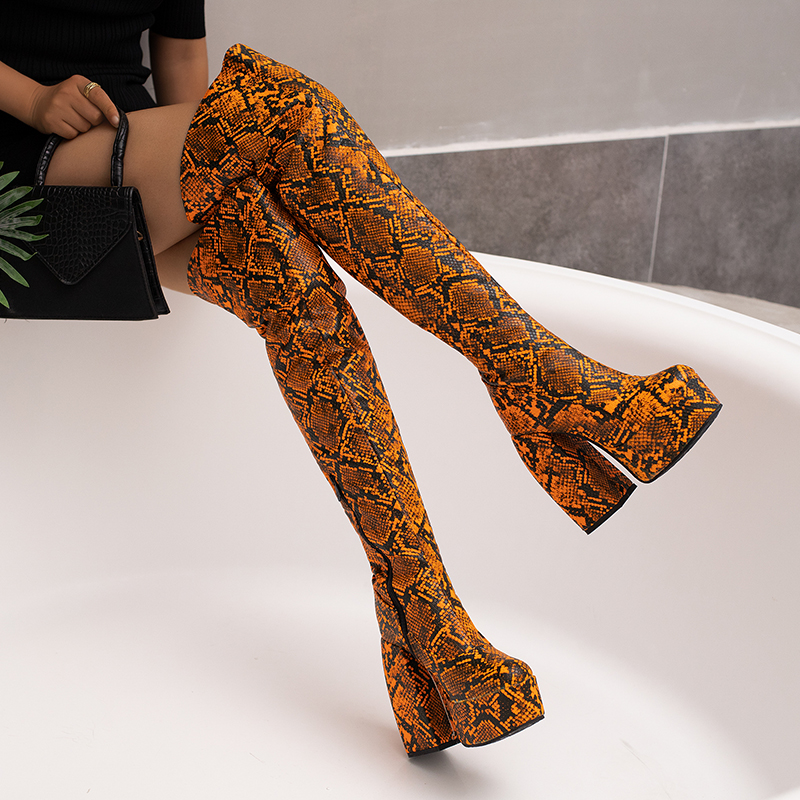 Women's Fashion Boots with Snake Print PU Upper and Chunky High Heel - Image 3