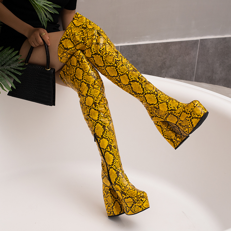 Women's Fashion Boots with Snake Print PU Upper and Chunky High Heel - Image 2