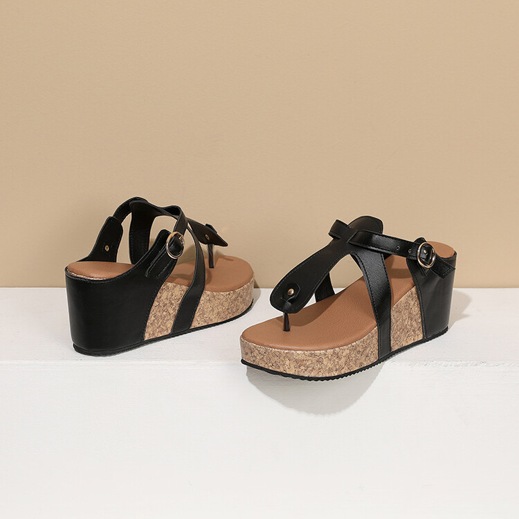 Women's High Heel Wedge Slippers - PU Upper and Lining, Rubber Sole, Casual Roman Style - Image 3
