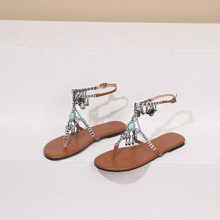 Brown PU Thong Slippers with Beads Rhinestones and Metal Decor - Image 3