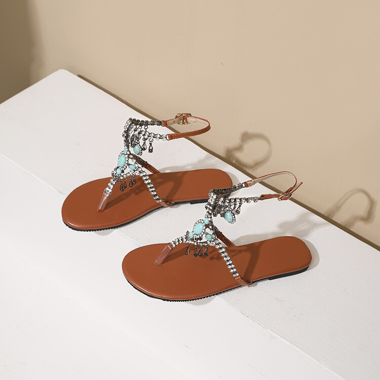 Brown PU Thong Slippers with Beads Rhinestones and Metal Decor - Image 4