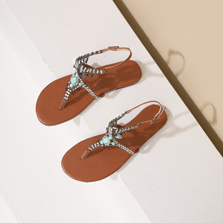Brown PU Thong Slippers with Beads Rhinestones and Metal Decor - Image 5