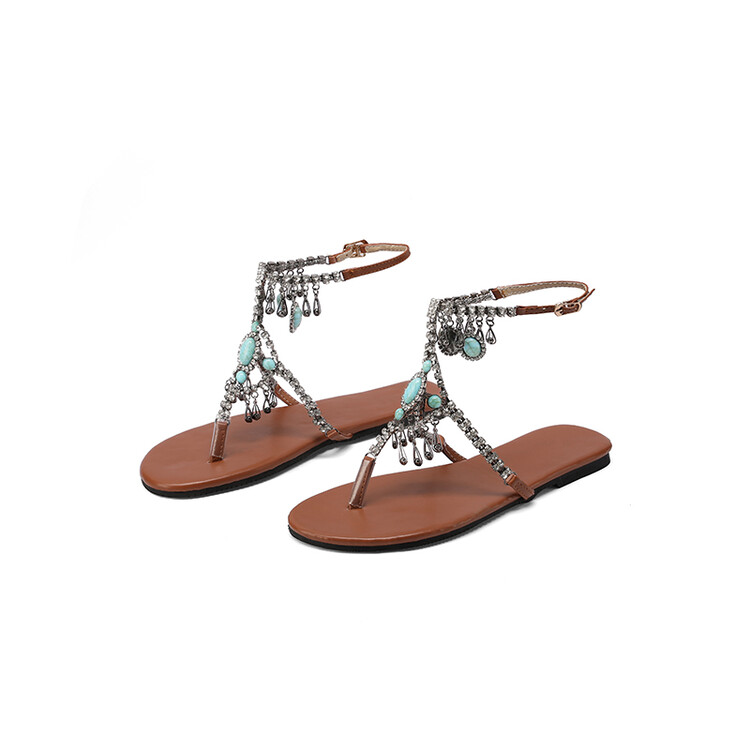 Brown PU Thong Slippers with Beads Rhinestones and Metal Decor