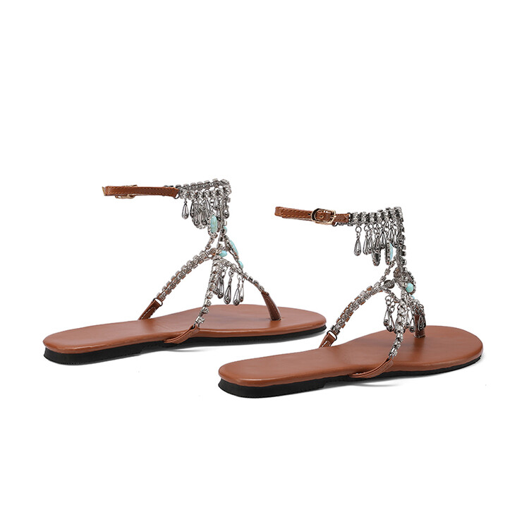 Brown PU Thong Slippers with Beads Rhinestones and Metal Decor - Image 2