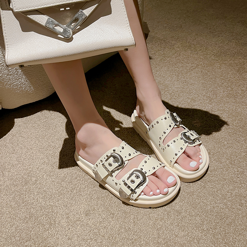 Lolita Style Slippers with Top Grain Leather Upper and Metal Rivet Details