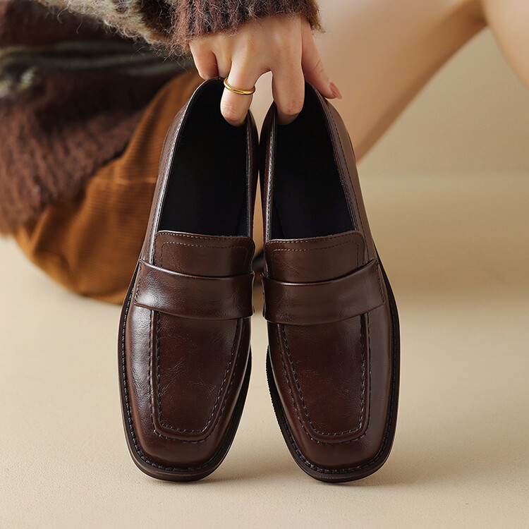 Deep Mouth Flat Shoes Women's Square Toe Block Mid Heel 2024 Spring