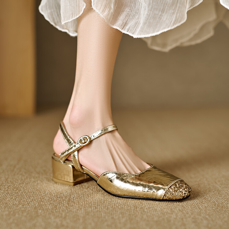 Women's Retro Gold Silver Leather Sandals Low Top Chunky Mid Heel Square Toe
