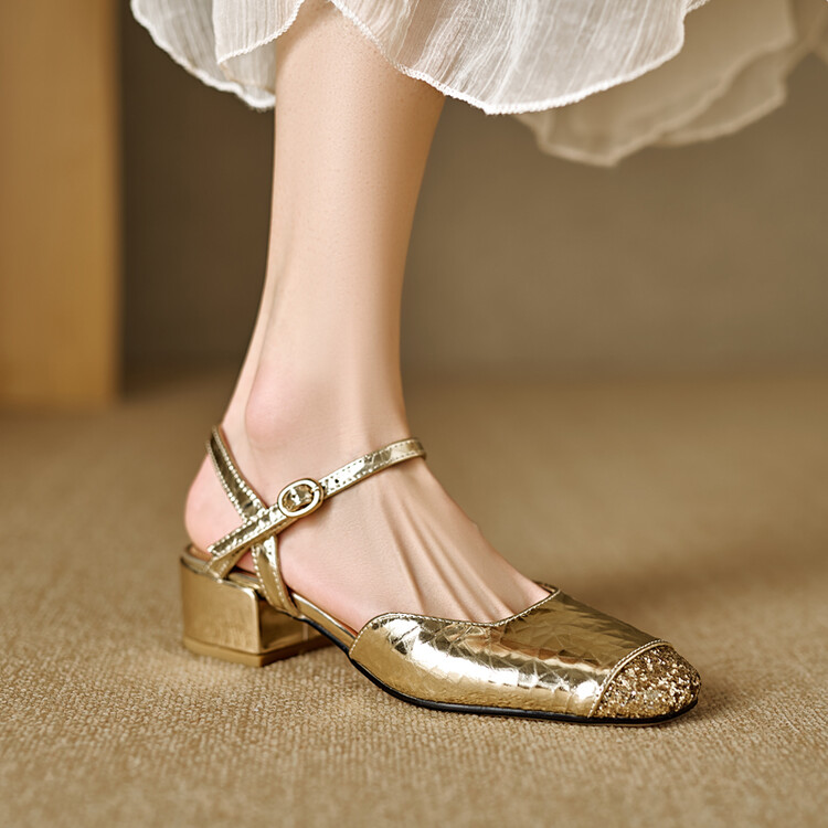 Women's Retro Closed Toe Sandals with Buckle Strap Low Top Mid Heel - Image 5