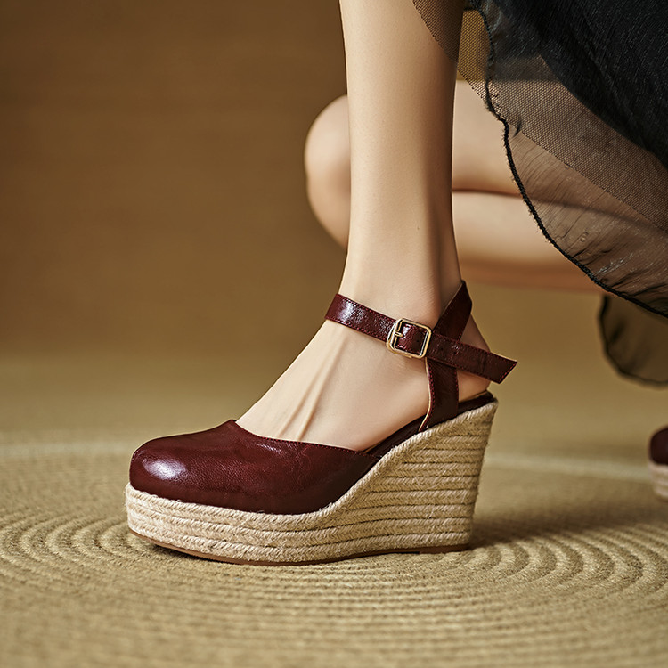 Women's Closed Toe Wedge Sandals - Sheepskin Upper, Super High Heel, Spring 2025